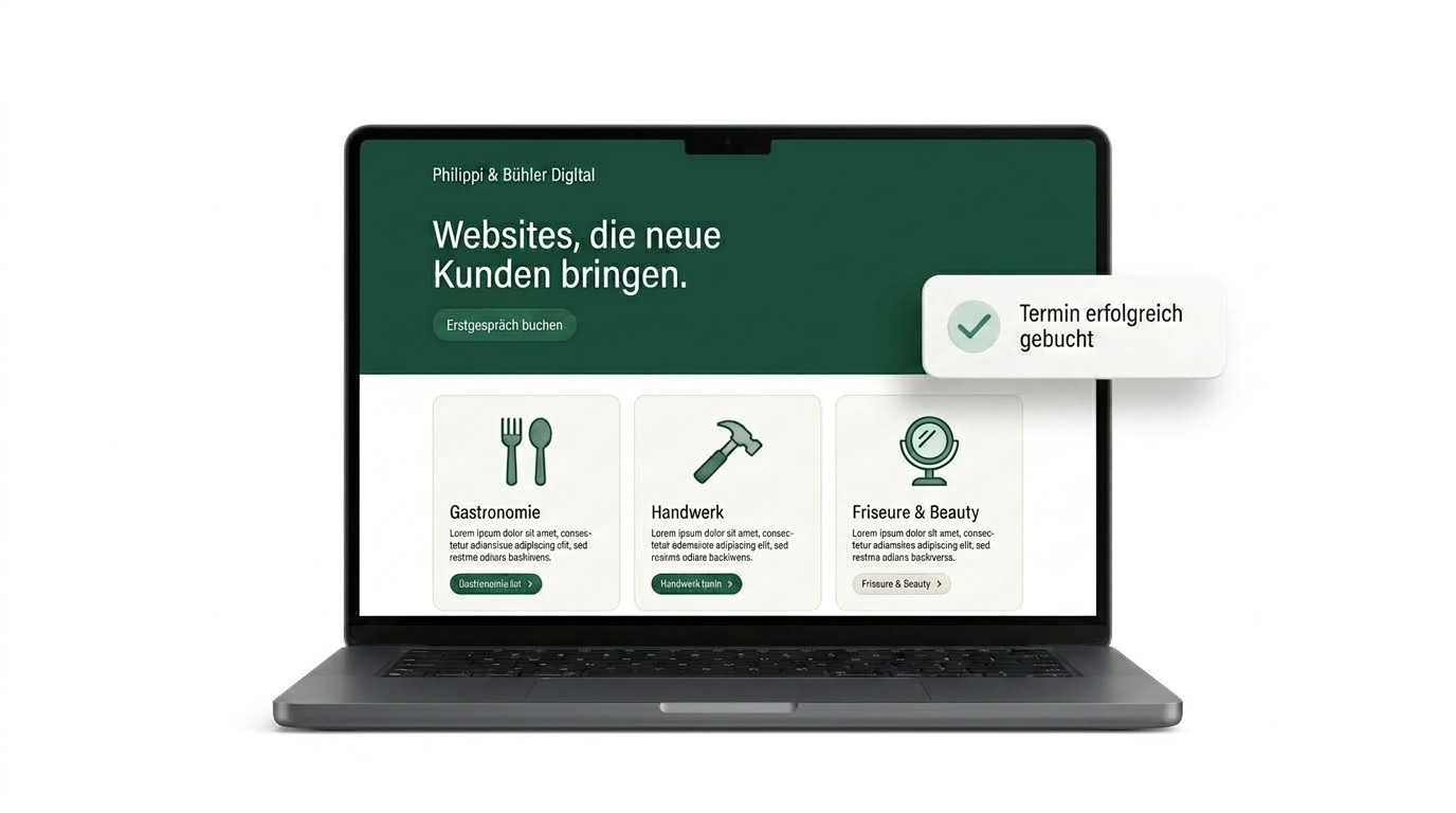 Vorschau der Website auf einem Laptop mit Startseite und Branchen-Karten
